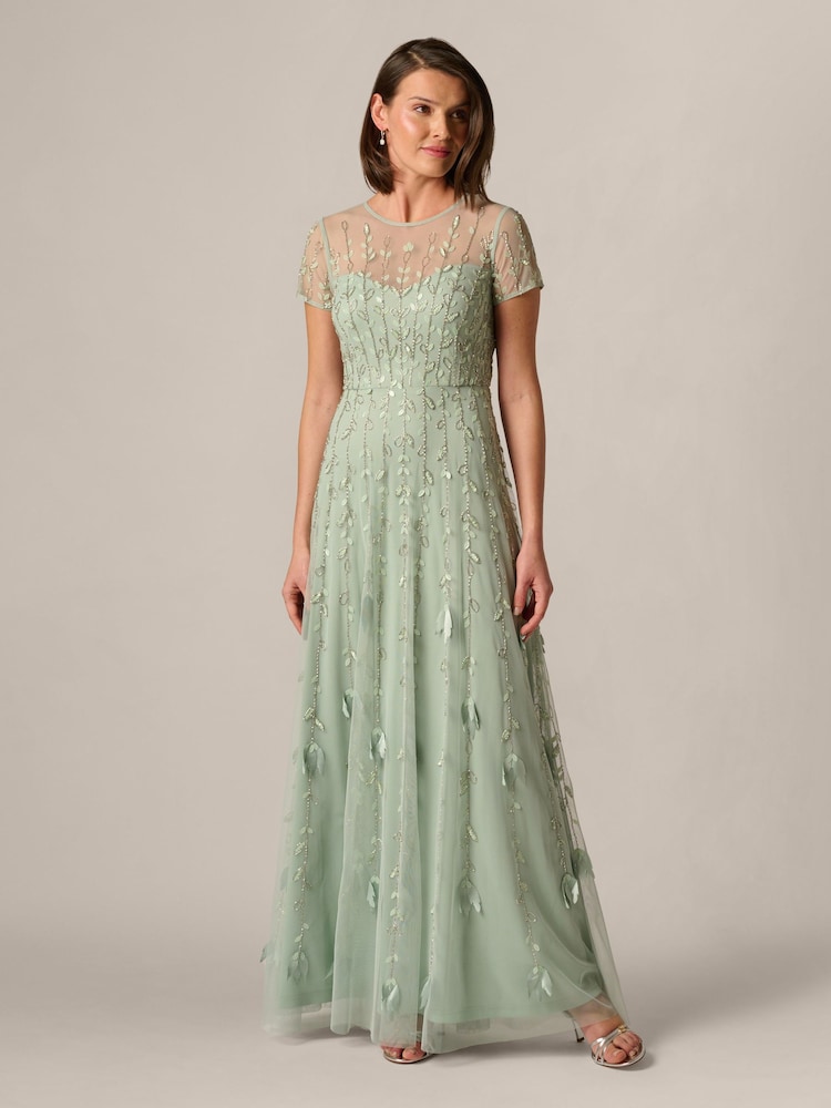 Adrianna Papell Green Beaded 3D Petal Dress - Image 1 of 6