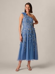 Adrianna Papell Blue Petite One Shoulder Bead Dress - Image 1 of 6
