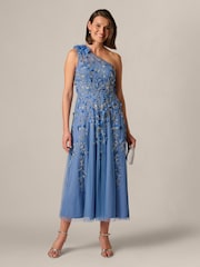 Adrianna Papell Blue Petite One Shoulder Bead Dress - Image 4 of 6