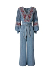Joe Browns Blue Petite Boutique Embroidered Denim Jumpsuit - Image 6 of 6