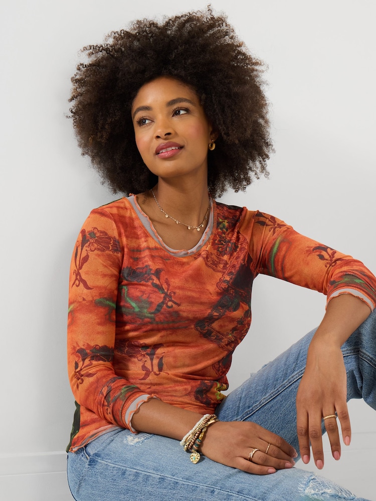 Joe Browns Orange Darcie Long Sleeve Mesh Top - Image 2 of 6 Joe Browns Orange Darcie Long Sleeve Mesh Top - Image 2 of 6