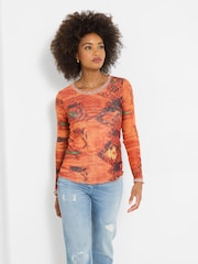 Joe Browns Orange Darcie Long Sleeve Mesh Top - Image 5 of 6