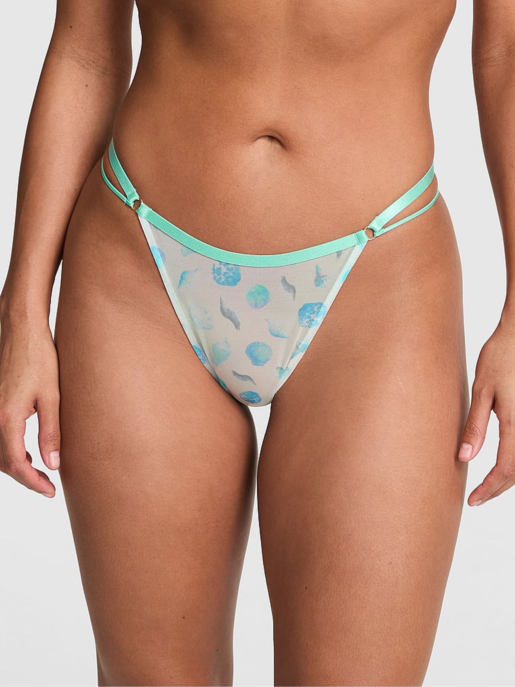Victoria's Secret PINK Blue Seashell Print Thong Logo Mesh Knickers