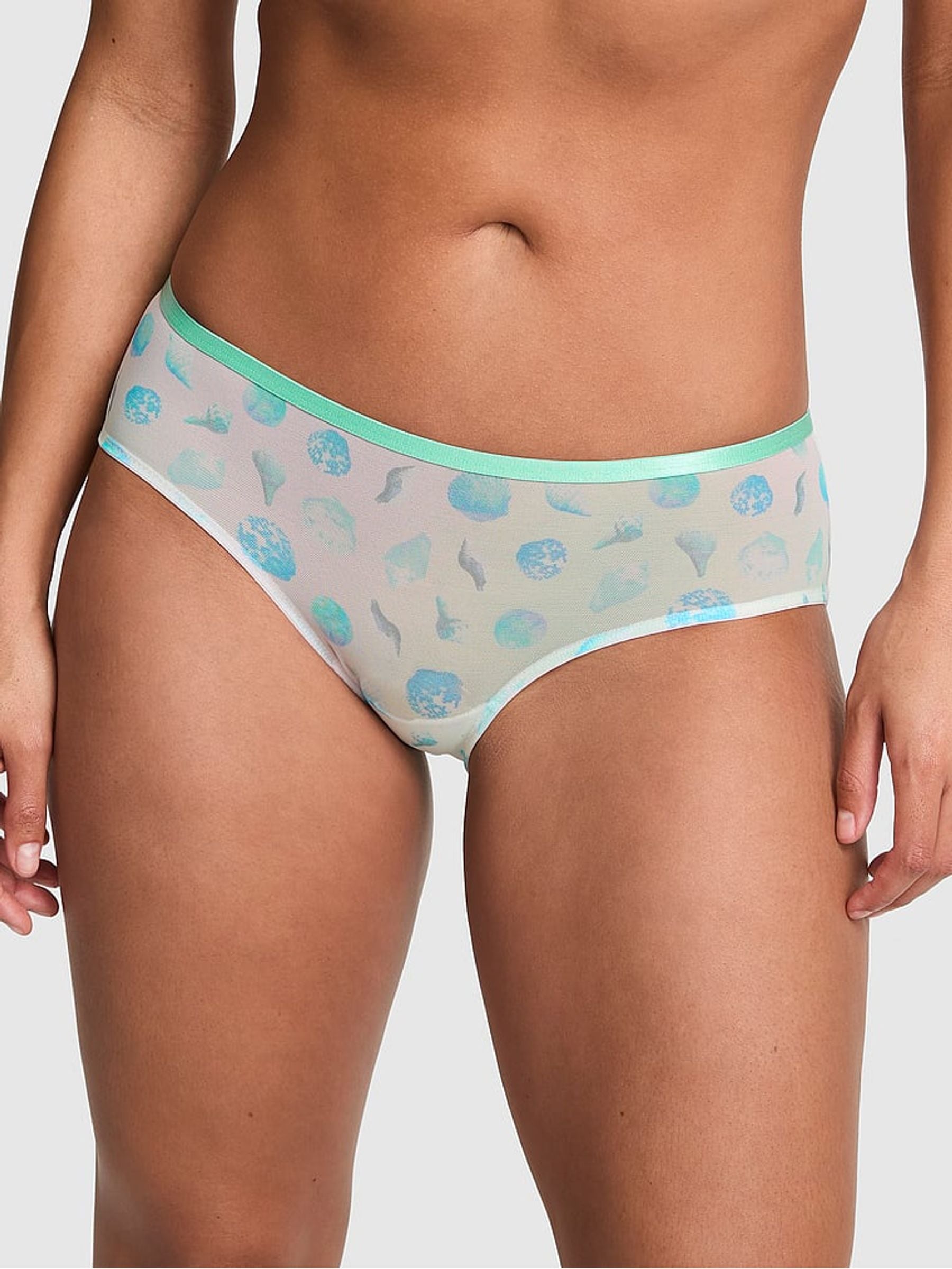 Victoria's Secret PINK Blue Seashell Print Hipster Logo Mesh Knickers