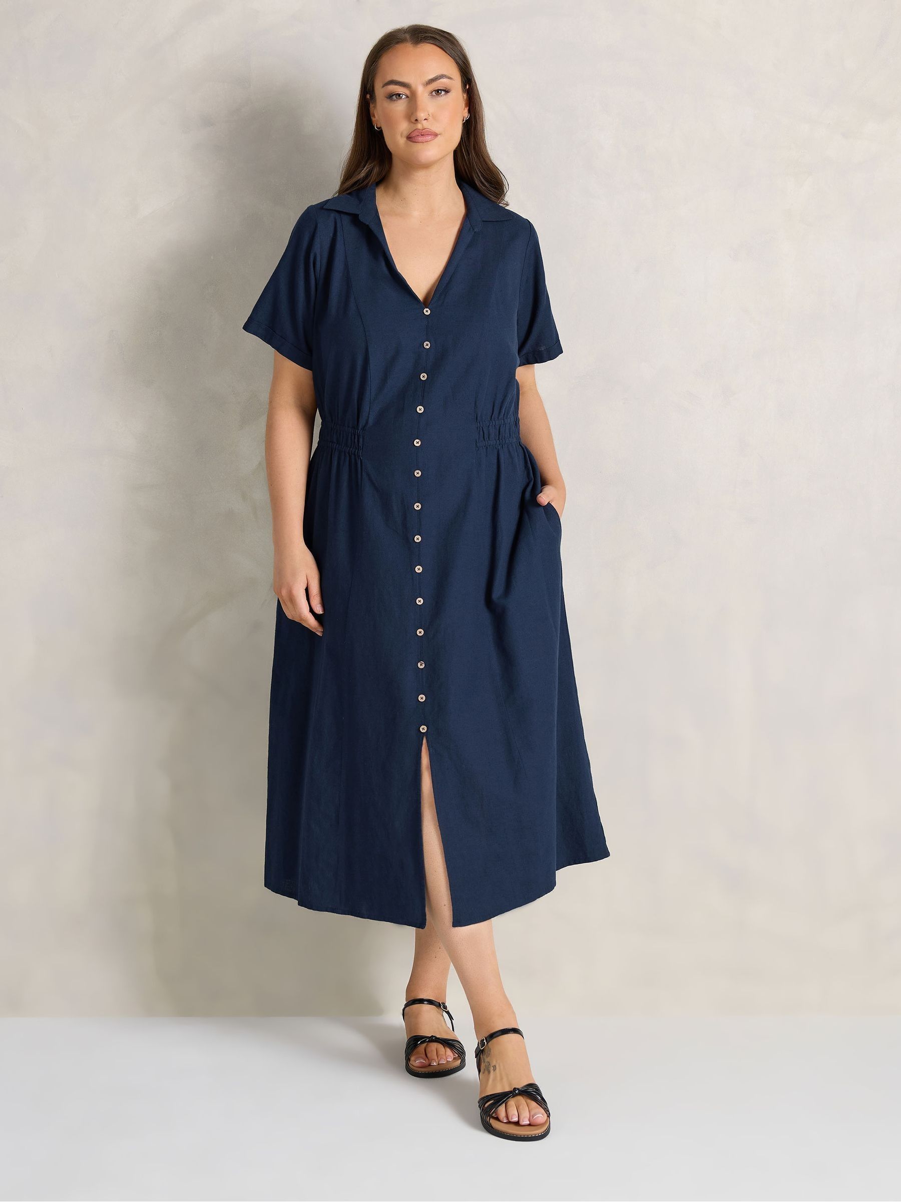 Evans Women's Blue Linen Blend Shirred Waist Midi Dress