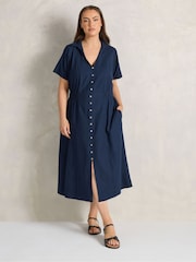 Evans Blue Linen Blend Shirred Waist Midi Dress - Image 1 of 5