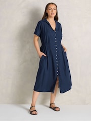 Evans Blue Linen Blend Shirred Waist Midi Dress - Image 2 of 5