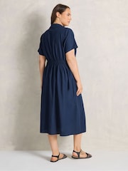 Evans Blue Linen Blend Shirred Waist Midi Dress - Image 3 of 5