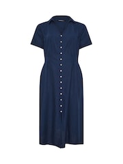 Evans Blue Linen Blend Shirred Waist Midi Dress - Image 5 of 5