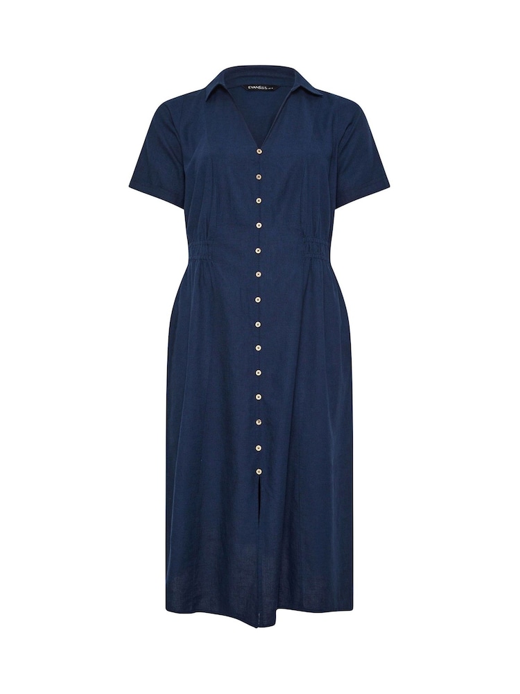 Evans Blue Linen Blend Shirred Waist Midi Dress - Image 5 of 5