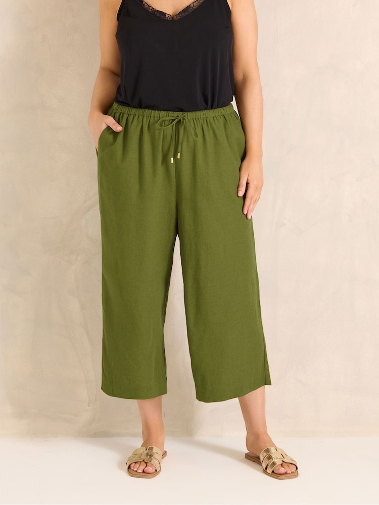 Evans Green Linen Blend Cropped Trousers - Image 1 of 4