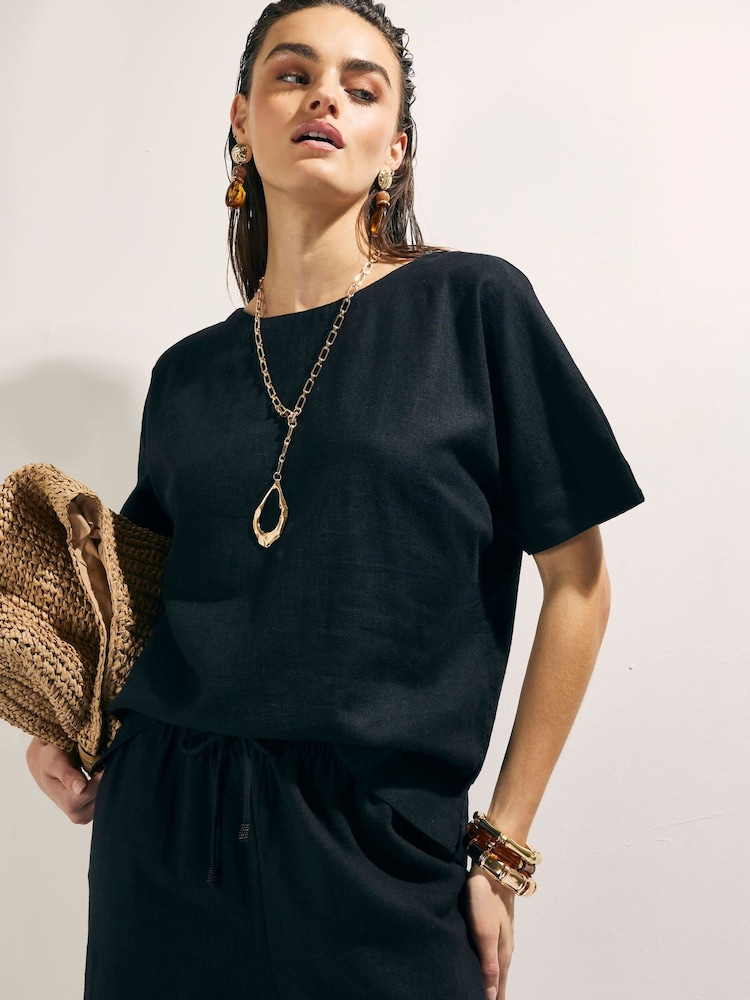 River Island Black Cap Sleeve Linen T-Shirt - Image 1 of 4