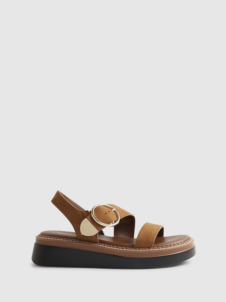 River Island Brown Faux Suede Two Part Ring Buckle Flatform Sandals - Image 1 of 6 River Island Brown Faux Suede Two Part Ring Buckle Flatform Sandals - Image 1 of 6