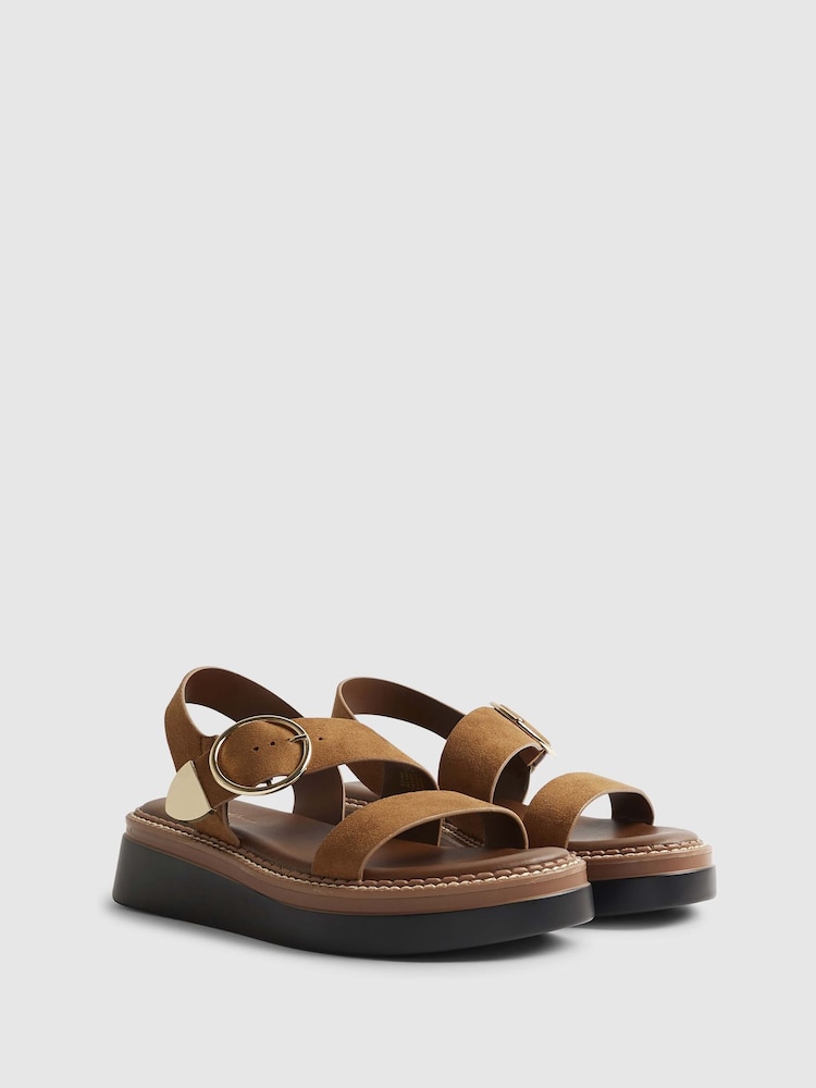 River Island Brown Faux Suede Two Part Ring Buckle Flatform Sandals - Image 2 of 6 River Island Brown Faux Suede Two Part Ring Buckle Flatform Sandals - Image 2 of 6