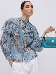 River Island Blue Long Sleeve Ruffle Tie Neck Blouse - Image 1 of 4