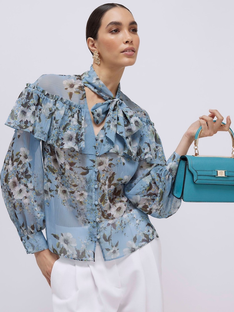 River Island Blue Long Sleeve Ruffle Tie Neck Blouse - Image 1 of 4