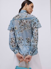 River Island Blue Long Sleeve Ruffle Tie Neck Blouse - Image 2 of 4