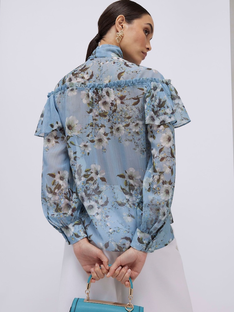 River Island Blue Long Sleeve Ruffle Tie Neck Blouse - Image 2 of 4