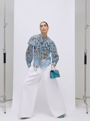 River Island Blue Long Sleeve Ruffle Tie Neck Blouse - Image 3 of 4