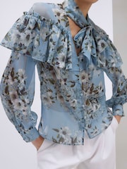 River Island Blue Long Sleeve Ruffle Tie Neck Blouse - Image 4 of 4