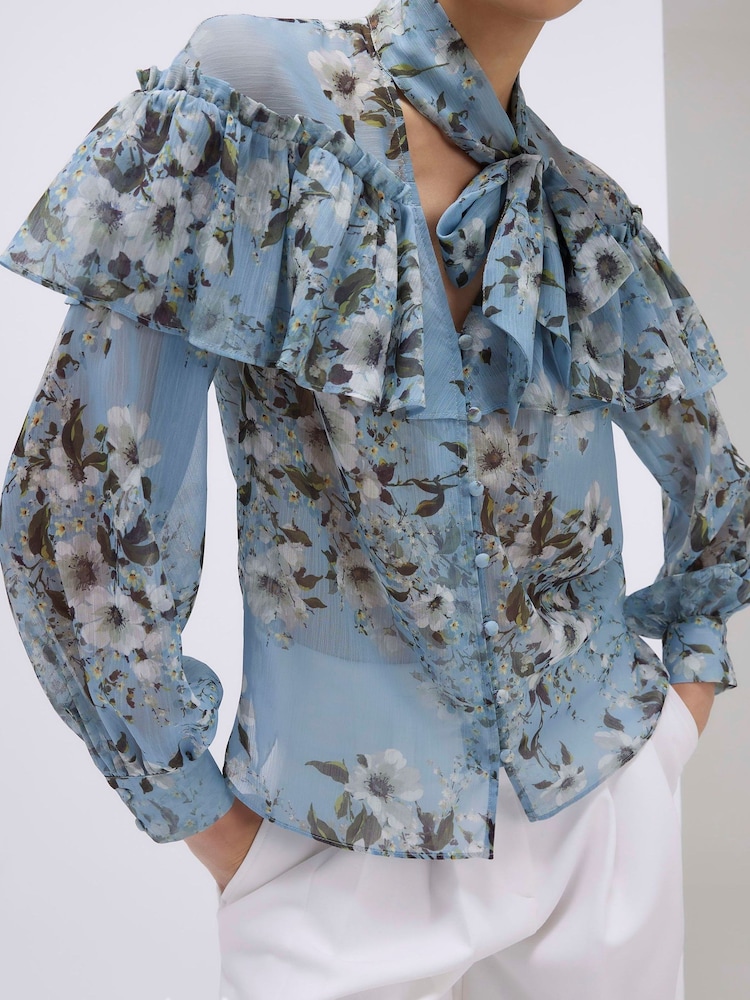 River Island Blue Long Sleeve Ruffle Tie Neck Blouse - Image 4 of 4