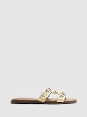 River Island Gold Leather T Bar Studded Flat Sandals - Image 2 of 7