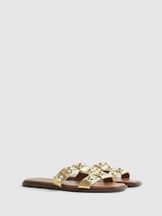 River Island Gold Leather T Bar Studded Flat Sandals - Image 3 of 7