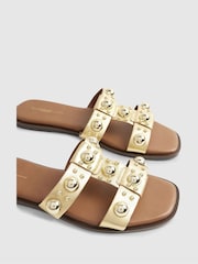 River Island Gold Leather T Bar Studded Flat Sandals - Image 6 of 7