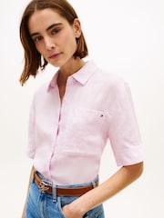 Tommy Hilfiger Pink Relaxed Fit Pure Linen Short Sleeve Shirt - Image 4 of 5