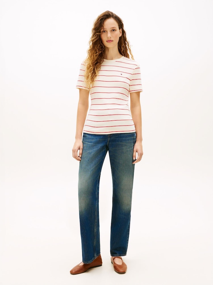 Tommy Hilfiger Red/White Flag Embroidery Crew Neck Slim T-Shirt - Image 2 of 5