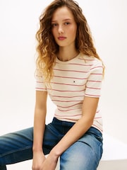 Tommy Hilfiger Red/White Flag Embroidery Crew Neck Slim T-Shirt - Image 4 of 5