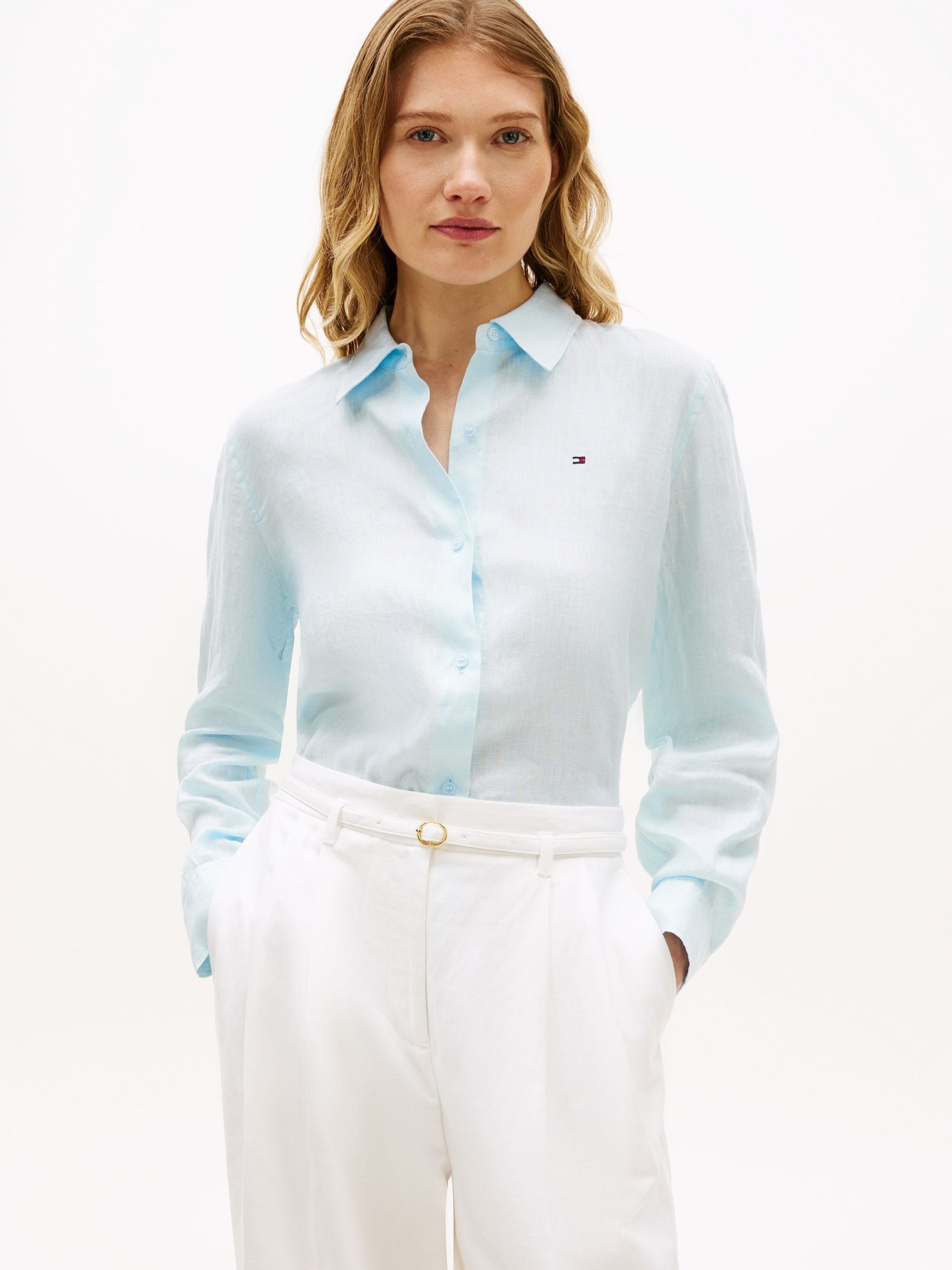 Tommy Hilfiger Women's Light Blue Relaxed Fit Pure Linen Shirt