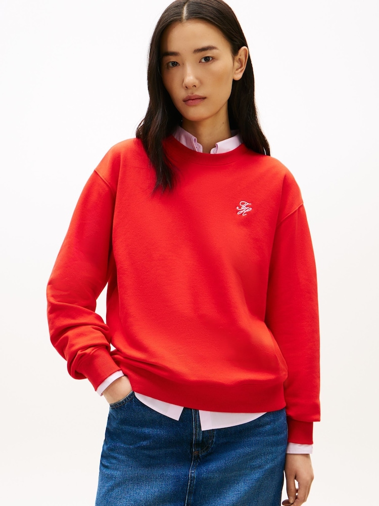 Tommy Hilfiger Red Logo Embroidery Crew Neck Sweat Top - Image 1 of 5