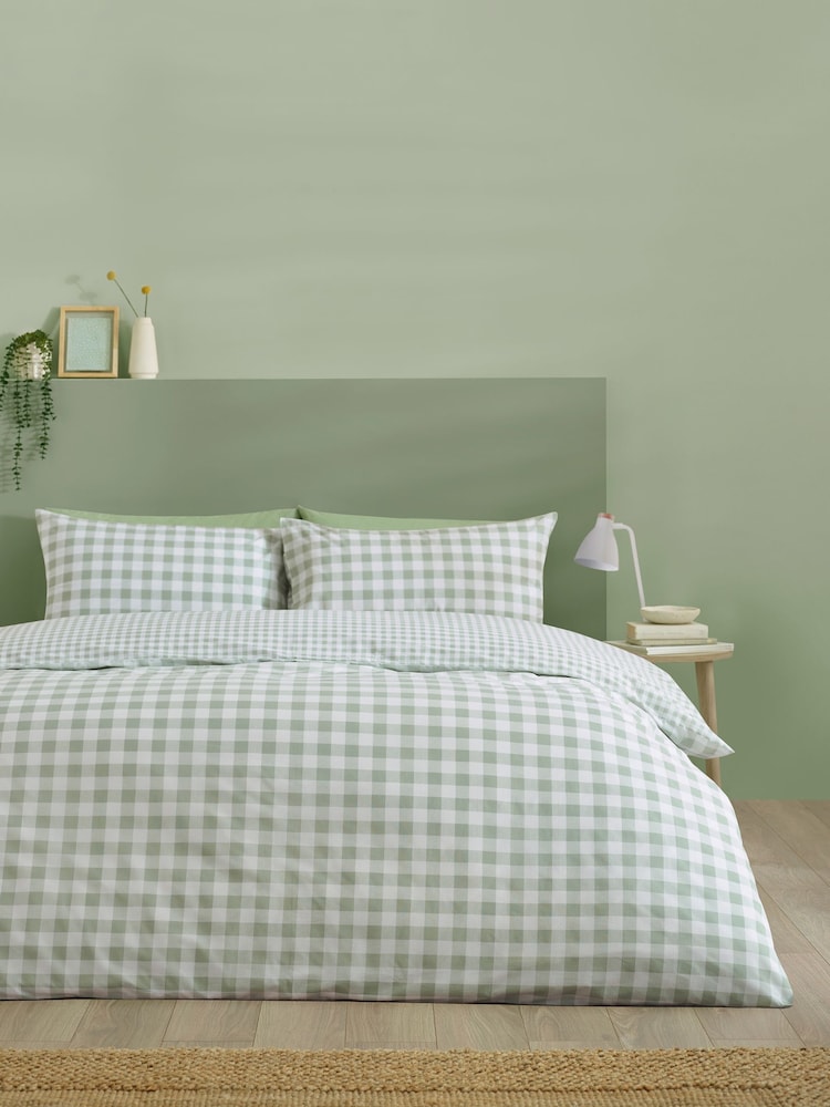 Catherine Lansfield Green Bamford Gingham Check Reversible Duvet Cover Set - Image 2 of 4