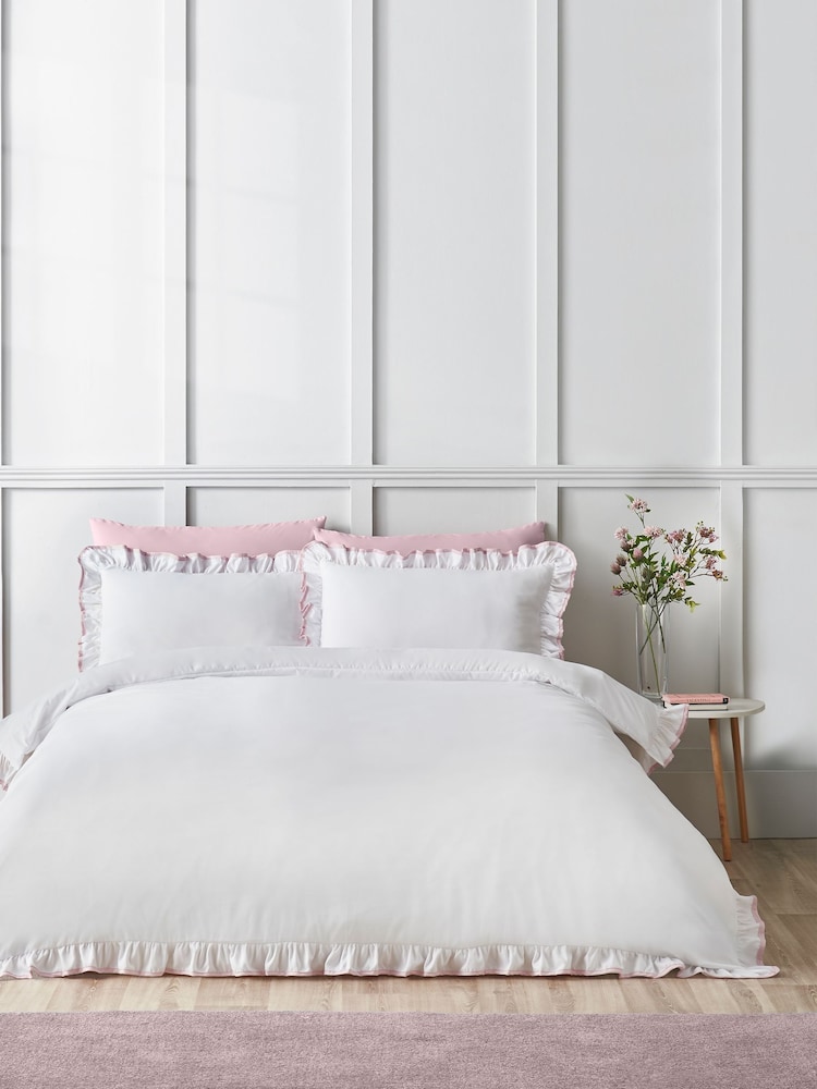 Catherine Lansfield White Pink So Soft Mono Frill Non-Iron Duvet Cover Set - Image 1 of 3 Catherine Lansfield White Pink So Soft Mono Frill Non-Iron Duvet Cover Set - Image 1 of 3
