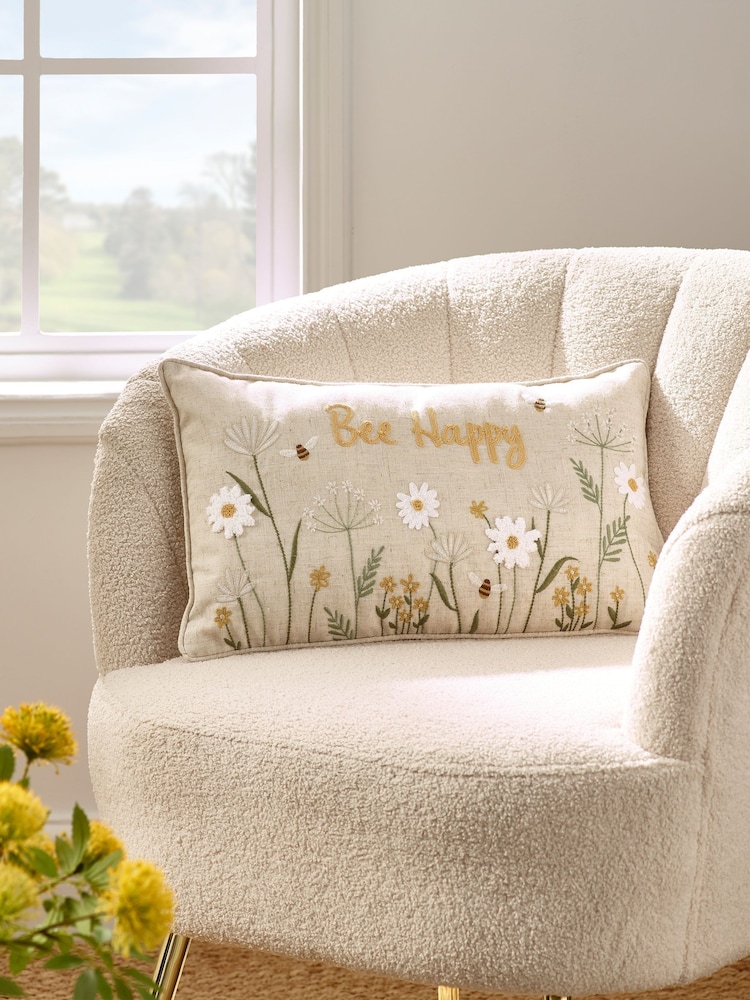Catherine Lansfield Natural Bee Happy Embroidered Cushion - Image 1 of 2 Catherine Lansfield Natural Bee Happy Embroidered Cushion - Image 1 of 2