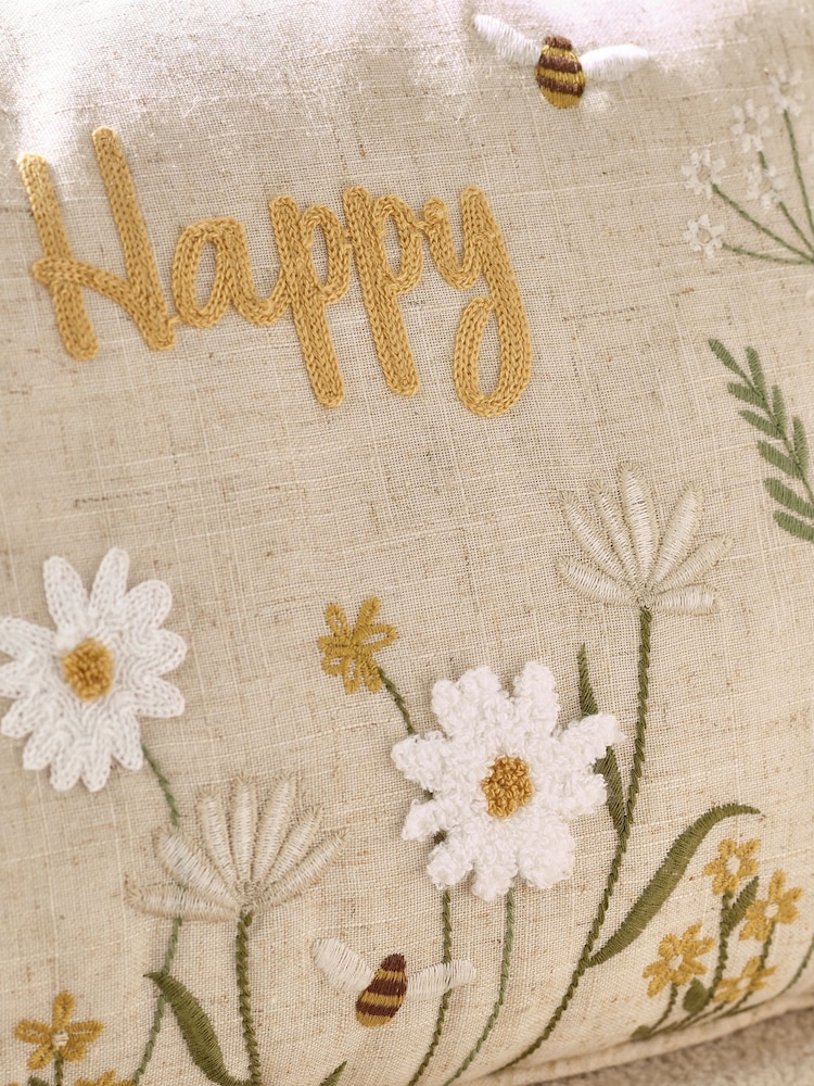 Catherine Lansfield Natural Bee Happy Embroidered Cushion - Image 2 of 2 Catherine Lansfield Natural Bee Happy Embroidered Cushion - Image 2 of 2