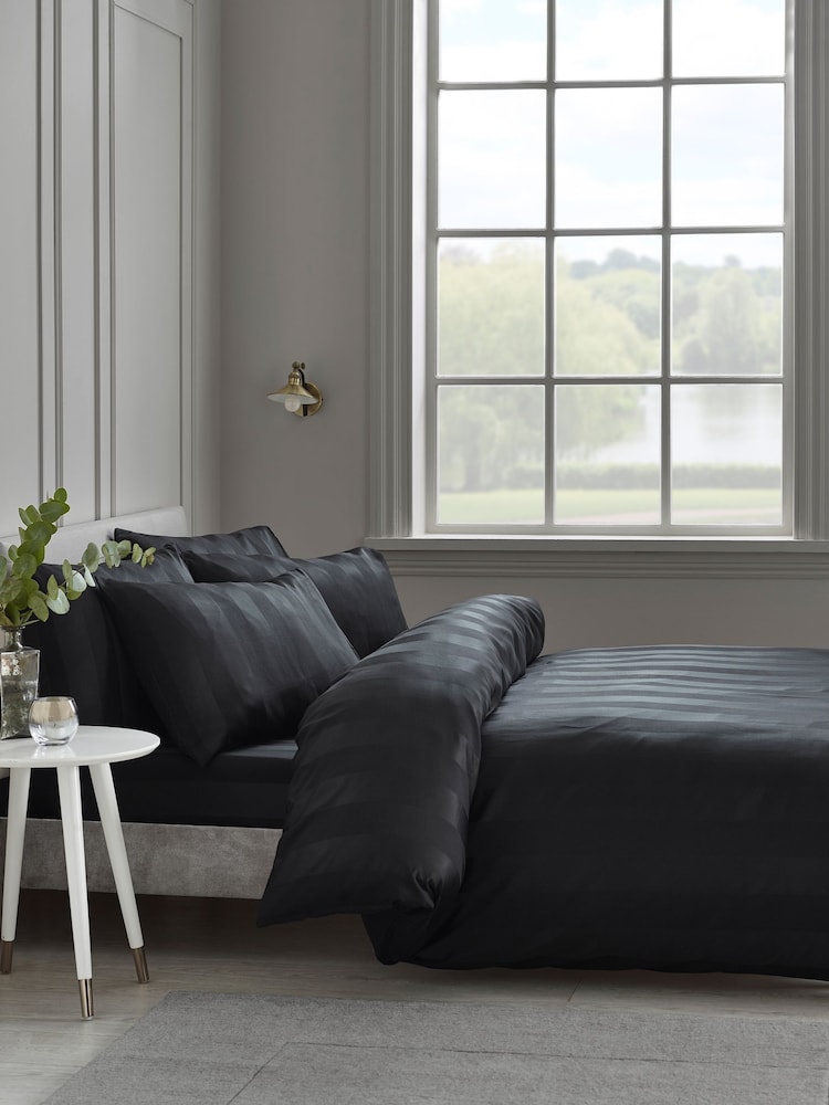 Catherine Lansfield Black So Soft Satin Stripe Non-Iron Duvet Cover Set - Image 1 of 3