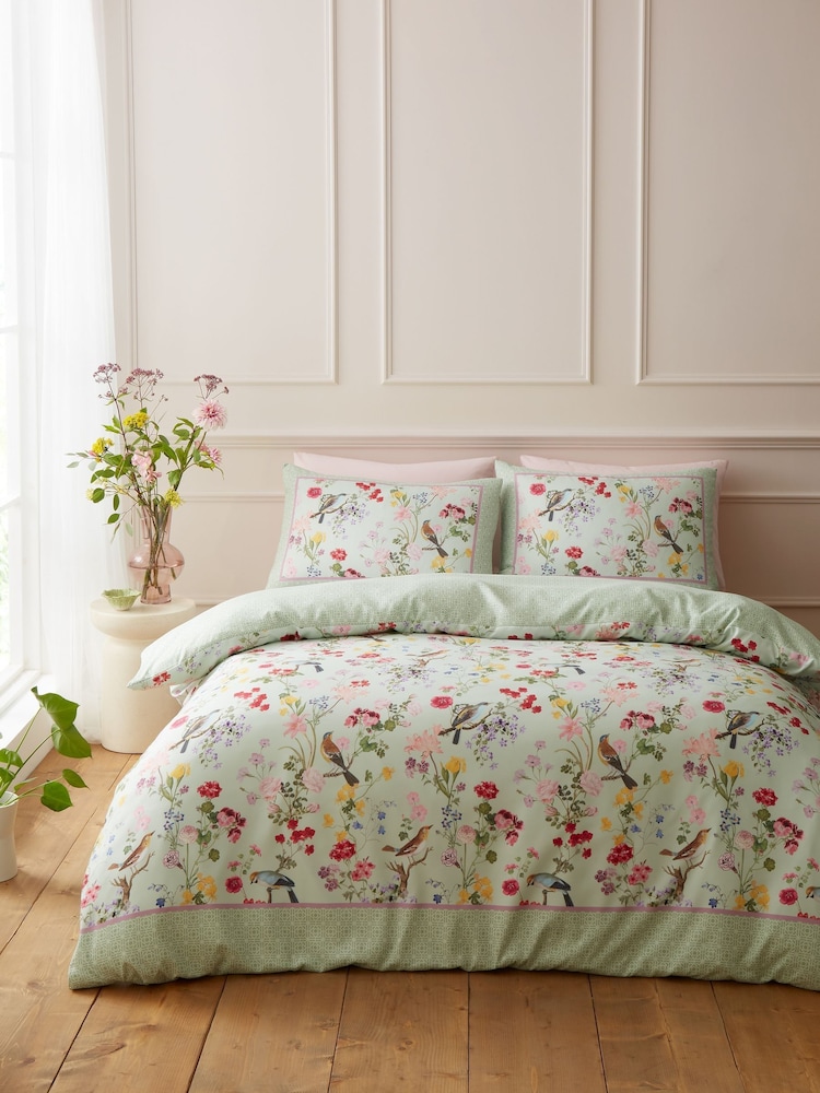 RHS x Catherine Lansfield Green Birds In Bloom So Soft Non-Iron Duvet Cover Set - Image 1 of 5