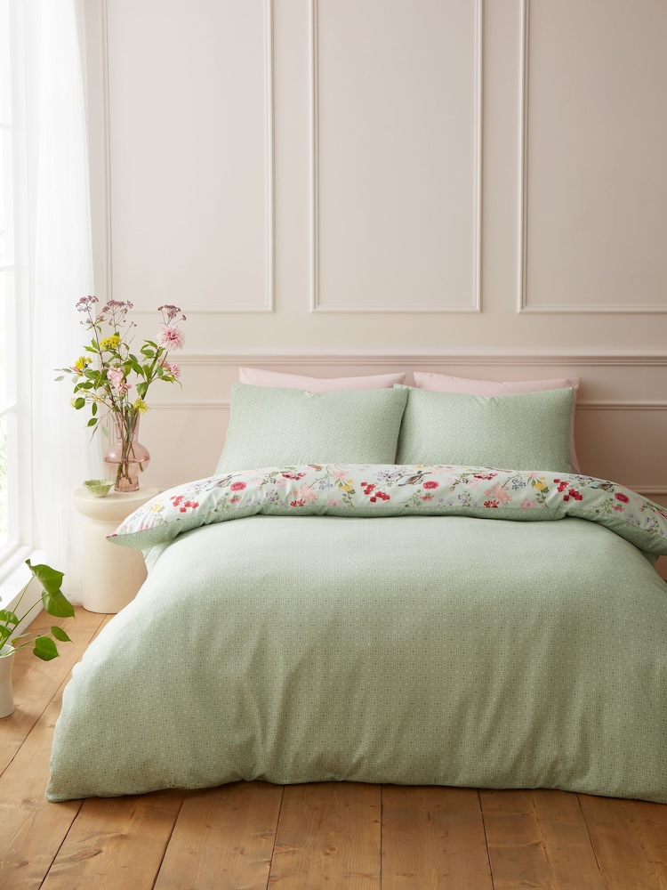 RHS x Catherine Lansfield Green Birds In Bloom So Soft Non-Iron Duvet Cover Set - Image 2 of 5