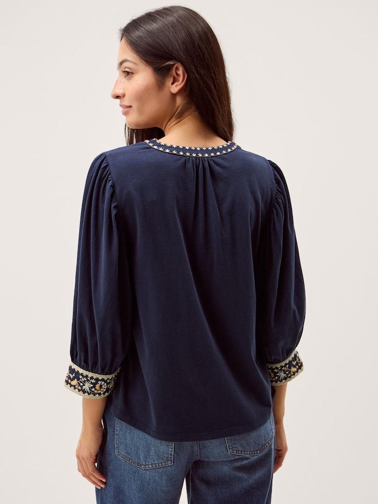 Monsoon Blue Embroidered Cotton Jersey Top - Image 2 of 5