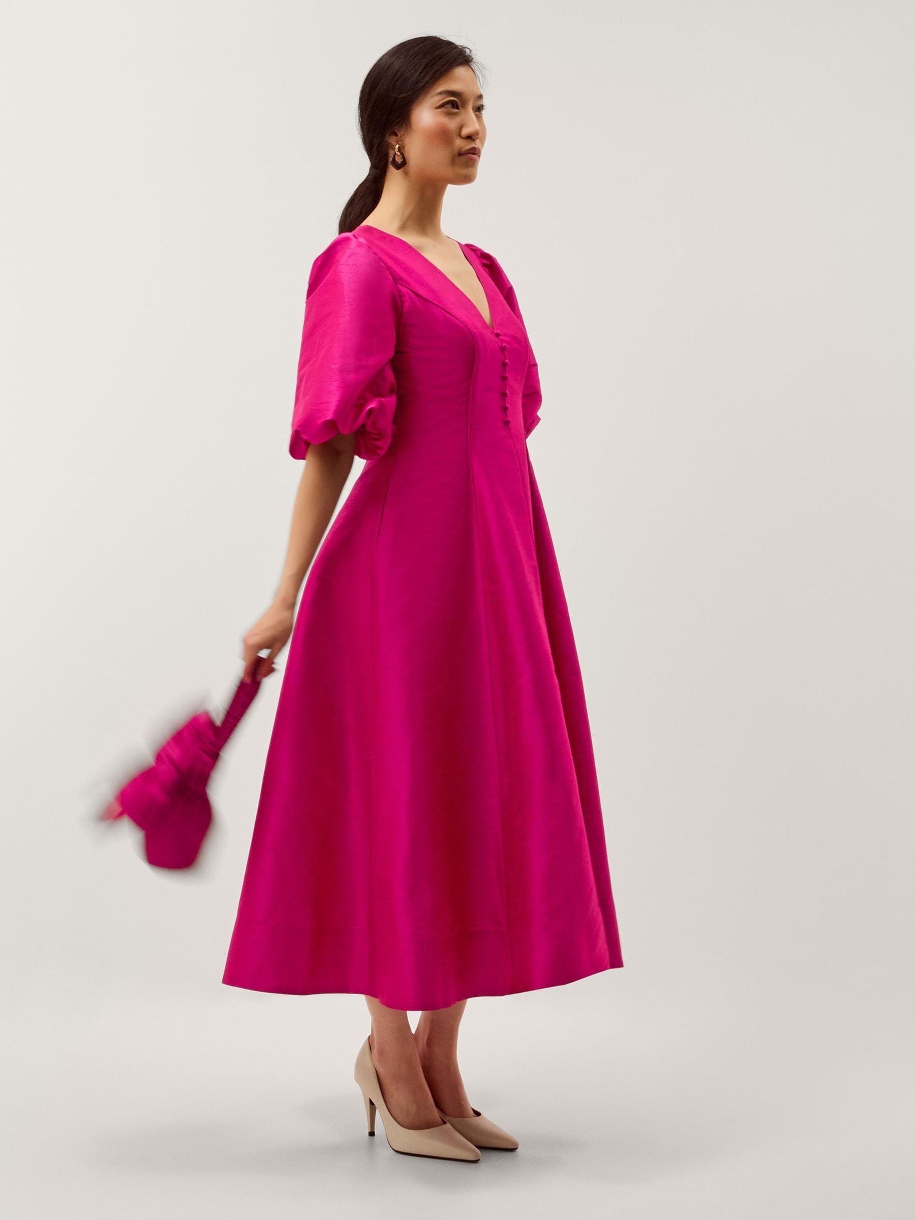 Buy Monsoon Pink Beatrice V-Neck Puff Short Sleeve A Line Midi