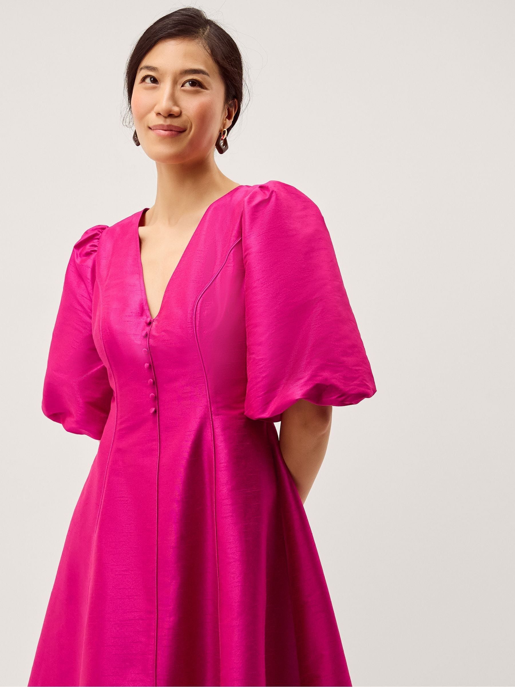 Buy Monsoon Pink Beatrice V-Neck Puff Short Sleeve A Line Midi