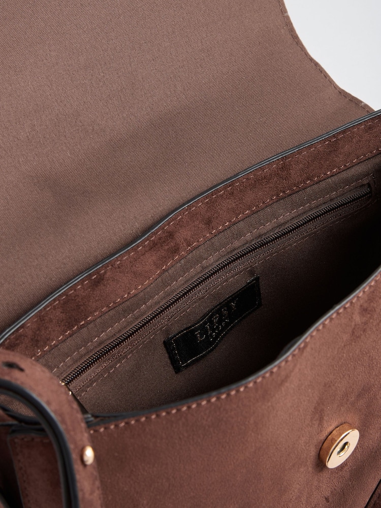 Lipsy Chocolate Brown Suedette Hardware Satchel Cross-Body Bag - Image 4 of 4