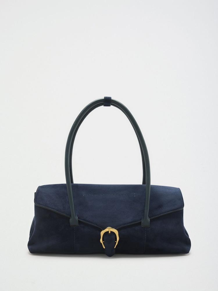 Friends Like These Navy Suedette Buckle Shoulder Bag - Image 1 of 4 Friends Like These Navy Suedette Buckle Shoulder Bag - Image 1 of 4
