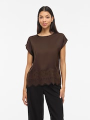 VILA Brown Short Sleeve Full Satin Lace Top - Image 1 of 3