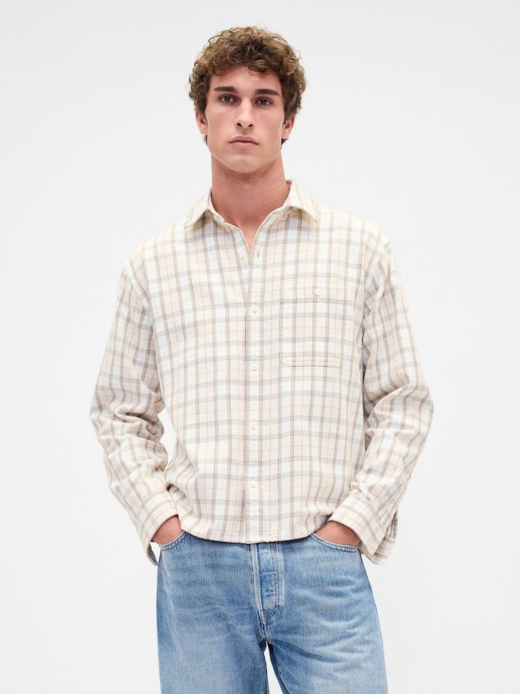 Gap Cream Check Sunwashed Twill Straight-Hem Shirt - Image 1 of 4