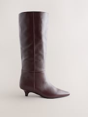 Burgundy Red N. Premium Knee High Chisel Toe Kitten Heel Boots - Image 1 of 5