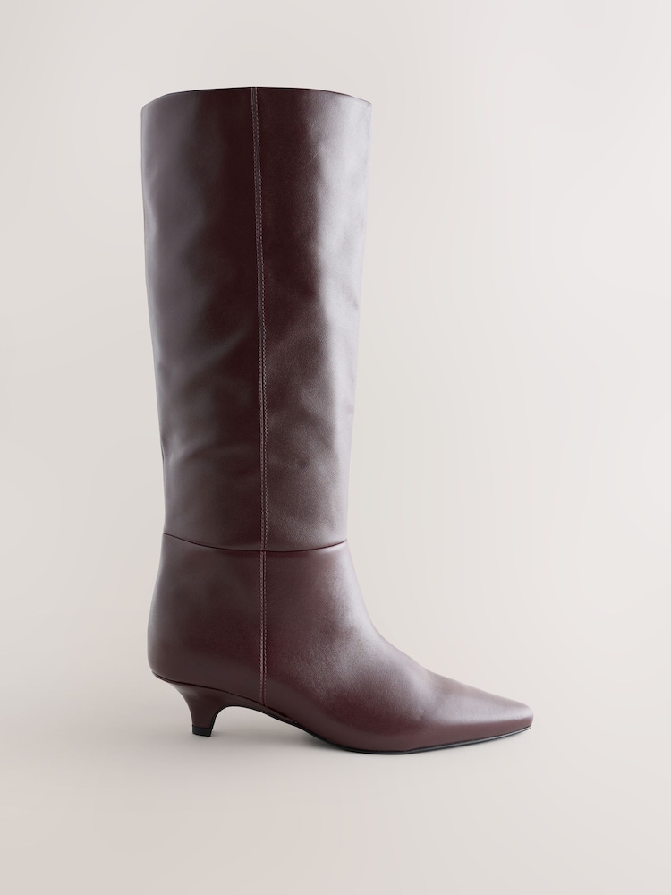 Burgundy Red N. Premium Knee High Chisel Toe Kitten Heel Boots - Image 1 of 5