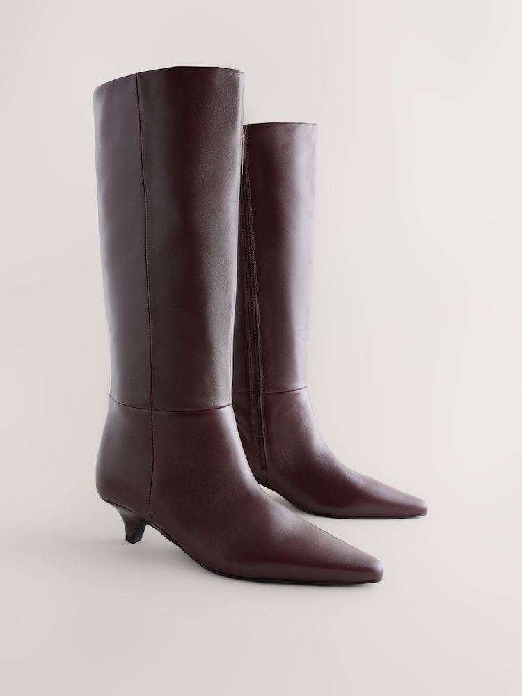 Burgundy Red N. Premium Knee High Chisel Toe Kitten Heel Boots - Image 2 of 5